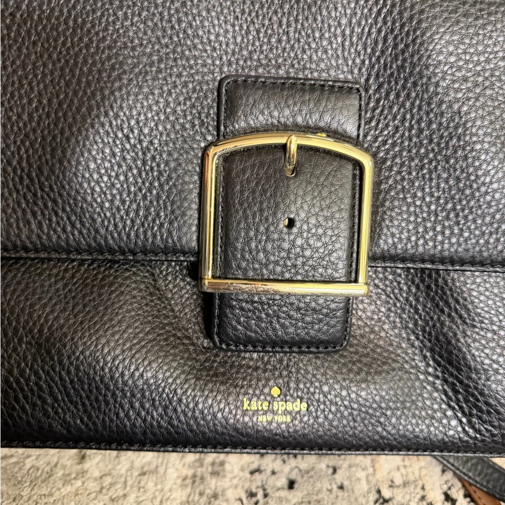 Kate Spade Black Leather Messenger Bag with Gold Buckle